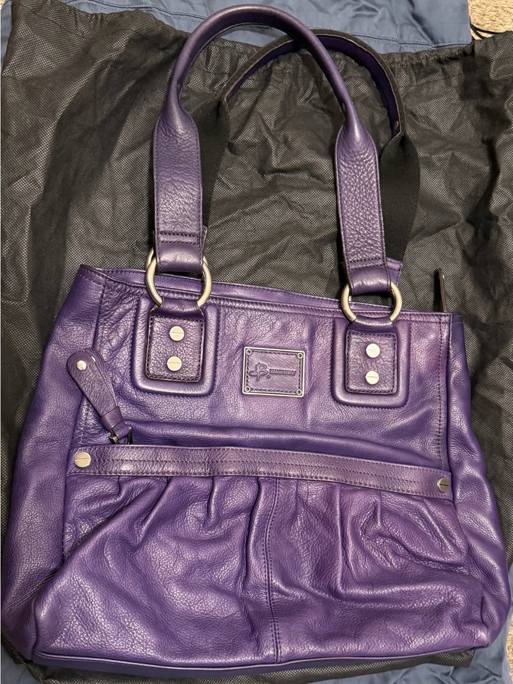 b. makowsky Purple Leather Shoulder Tote with Black Straps